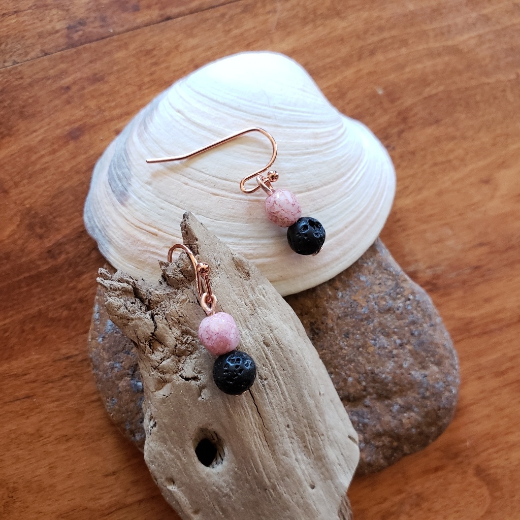 Essential Oil Diffuser Earrings With Czech Pink Beads & Lava Stones